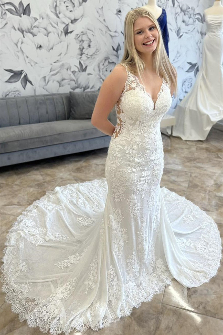 Classy V-Neck Straps Sleeveless Wedding Dresses Mermaid Appliques Lace Long With Buttons