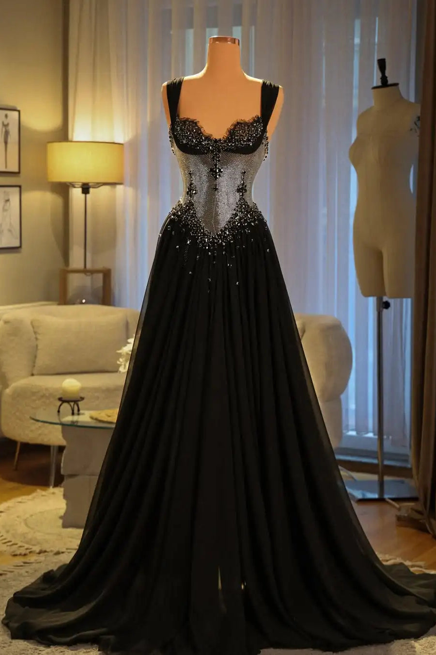 Luxurious Black Sweetheart Straps Sleeveless Prom Dresses A-Line With Gem Pleats