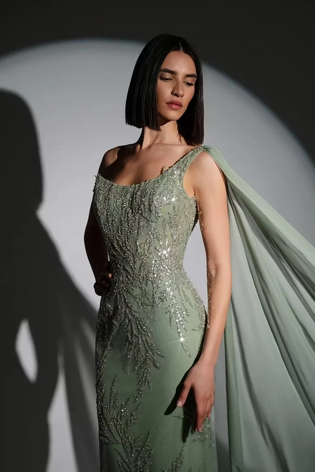 Glamorous Dusty Sage One Shoulder Sleeveless Mermaid Prom Dresses Sheath Sequins With Beads