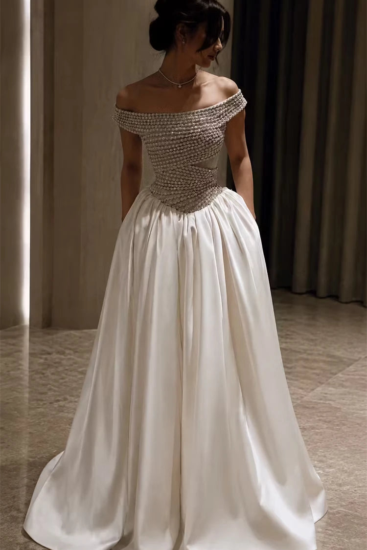Graceful Off The Shoulder Satin Prom Dresses A-Line Gem Pockets With Pleats Zipper