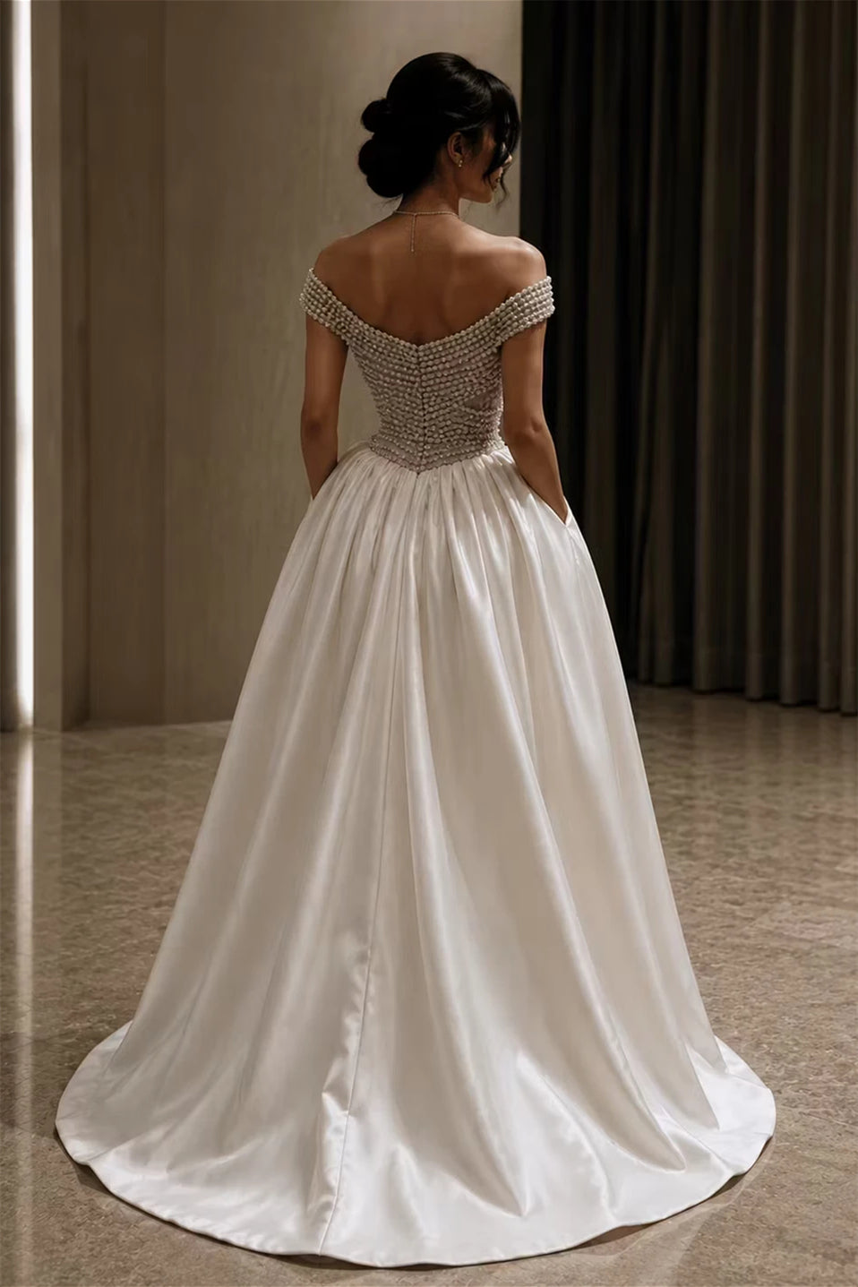 Graceful Off The Shoulder Satin Prom Dresses A-Line Gem Pockets With Pleats Zipper