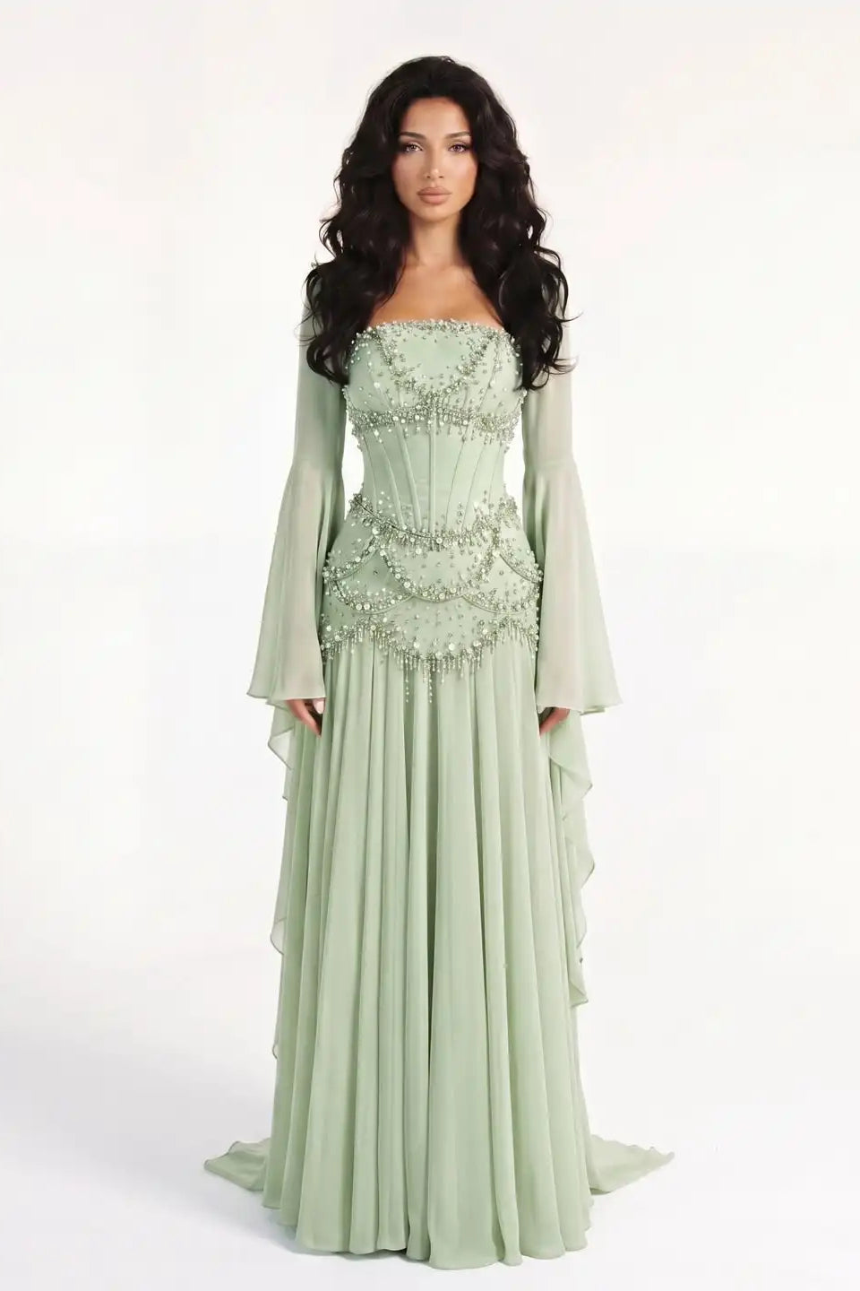 Timeless Dusty Sage Strapless Sleeveless Chiffon Prom Dresses Beads Pearls With Lace-Up Back