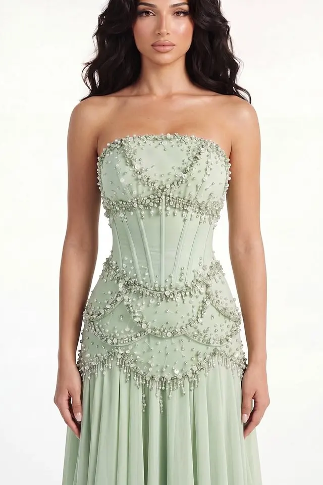 Timeless Dusty Sage Strapless Sleeveless Chiffon Prom Dresses Beads Pearls With Lace-Up Back