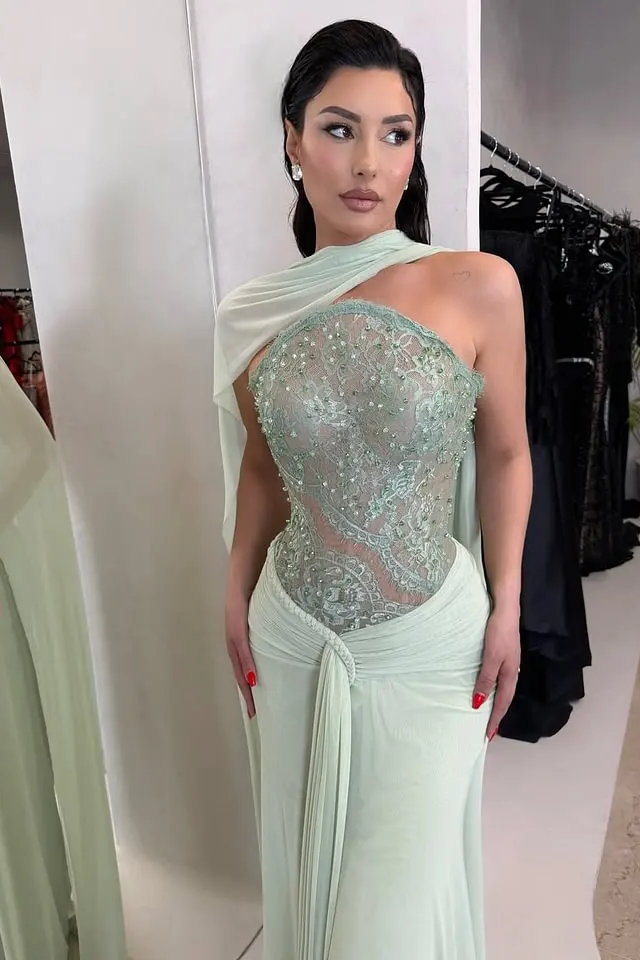 Glamorous Dusty Sage Strapless Sleeveless Mermaid Prom Dresses Sheath Gem With Pleats