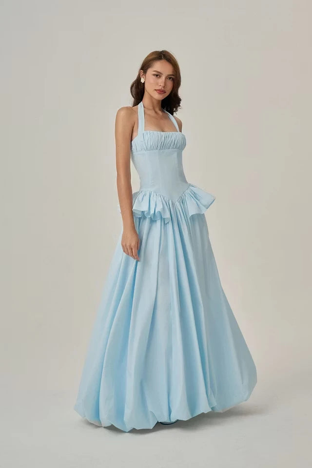 Romantic Sky Blue Halter Sleeveless Satin Prom Dresses A-Line With Zipper Pleats