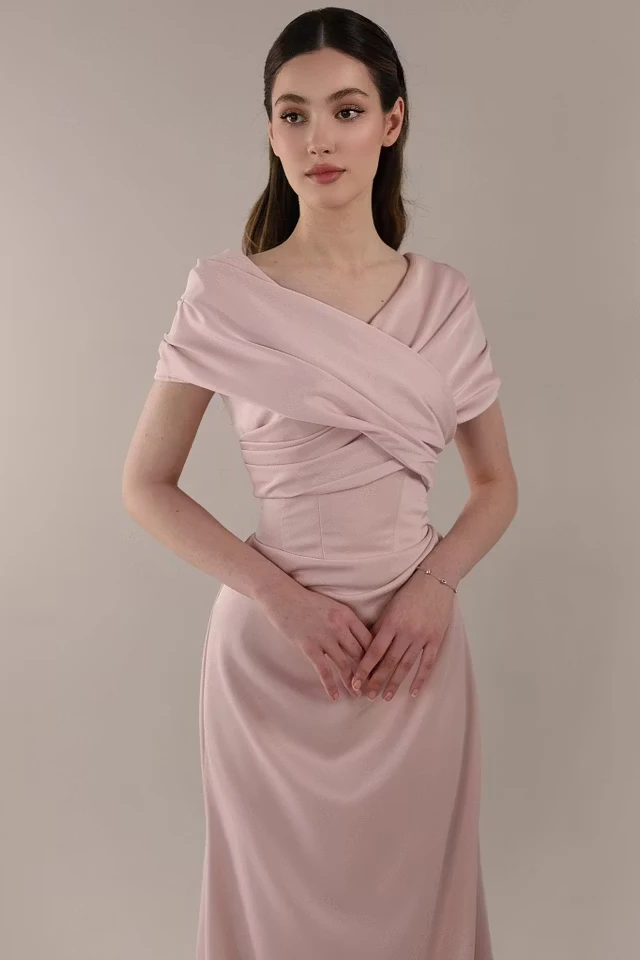 Romantic Dusty Rose Short Sleeves Satin Prom Dresses Floor Length With Lace-Up Back