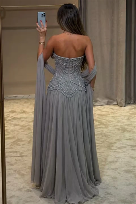 Romantic Strapless Sleeveless Chiffon Prom Dresses Gem With Zipper Pleats