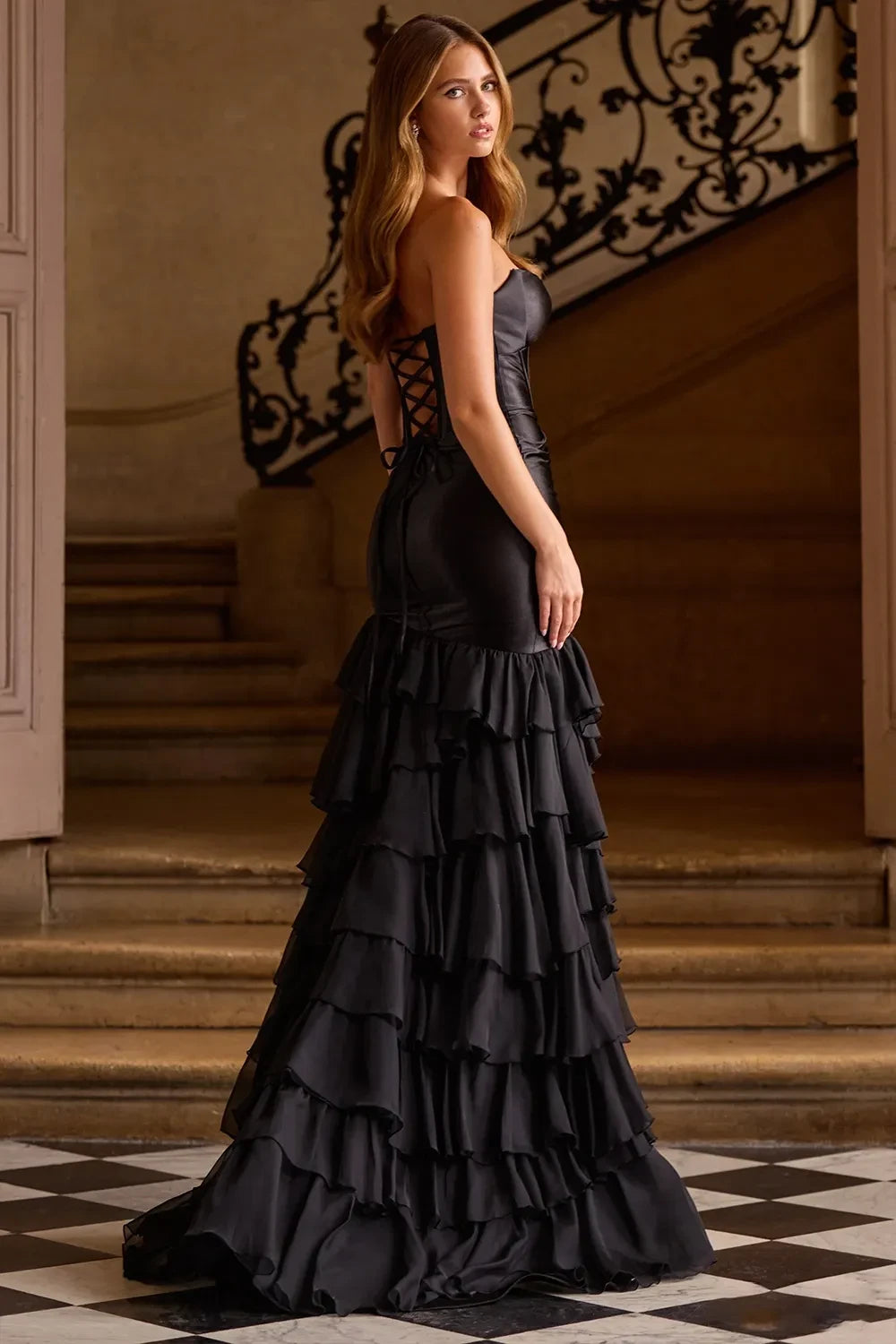 Romantic Black Sweetheart Strapless Sleeveless Mermaid Prom Dresses Sheath Layered With Lace-Up Back