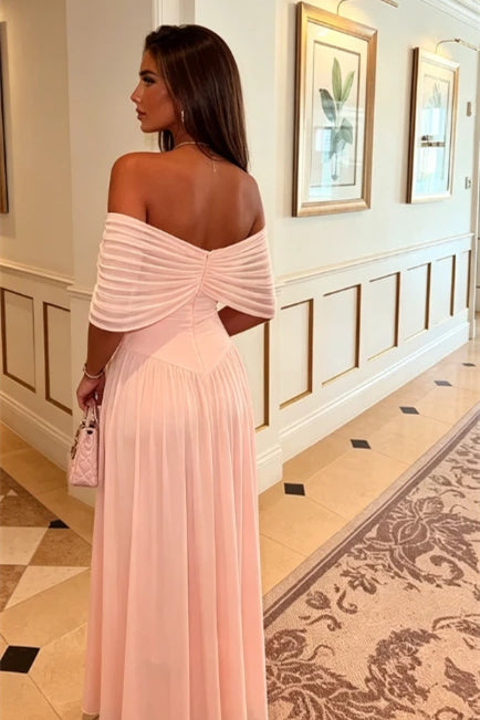 Romantic Pink Off The Shoulder Chiffon Prom Dresses Long With Pleats Zipper