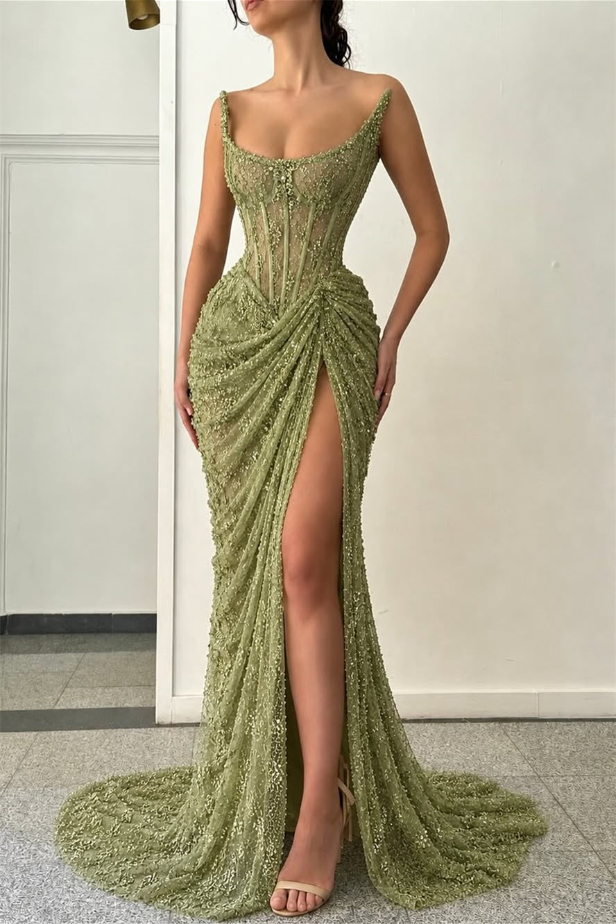 Timeless Green Strapless Sleeveless Mermaid Prom Dresses Sheath With High Split