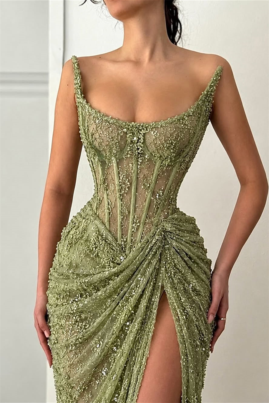 Timeless Green Strapless Sleeveless Mermaid Prom Dresses Sheath With High Split