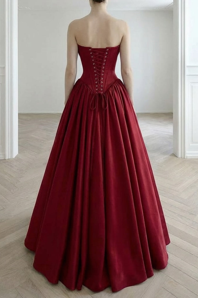 Graceful Burgundy Strapless Sleeveless Satin Prom Dresses A-Line Pleats With Lace-Up Back