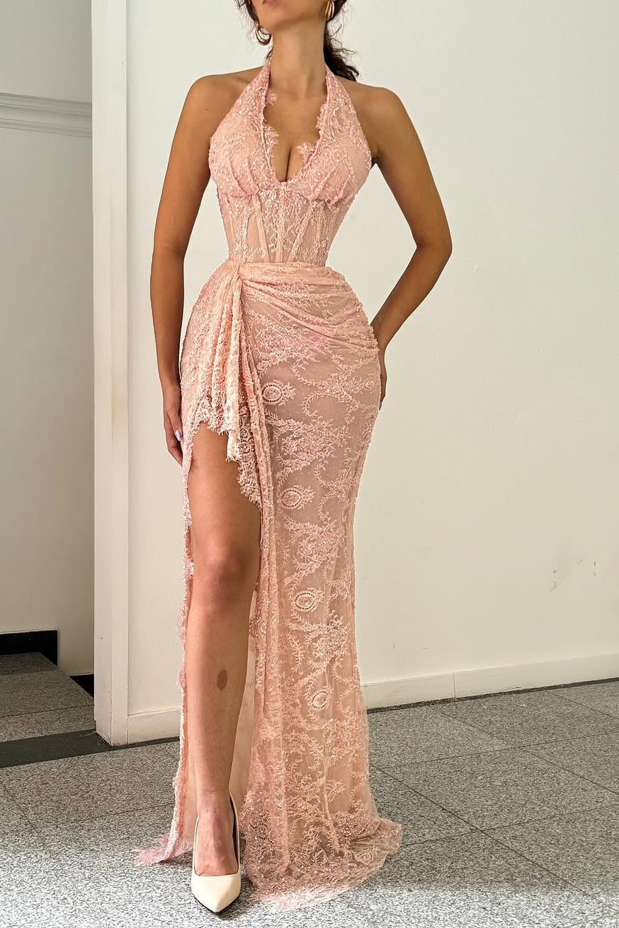 Luxurious Dusty Rose Halter Sleeveless Lace Prom Dresses Mermaid Sheath With High Split