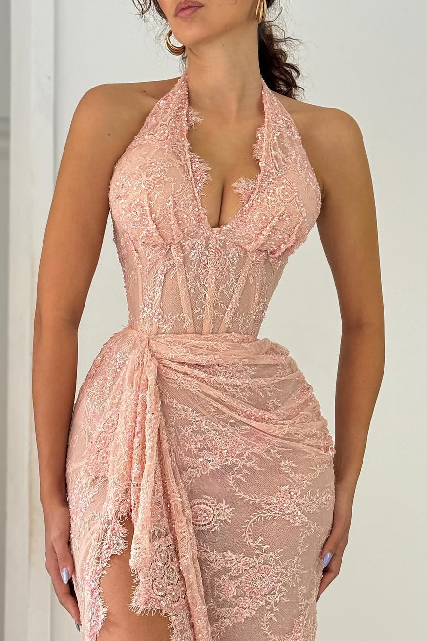 Luxurious Dusty Rose Halter Sleeveless Lace Prom Dresses Mermaid Sheath With High Split