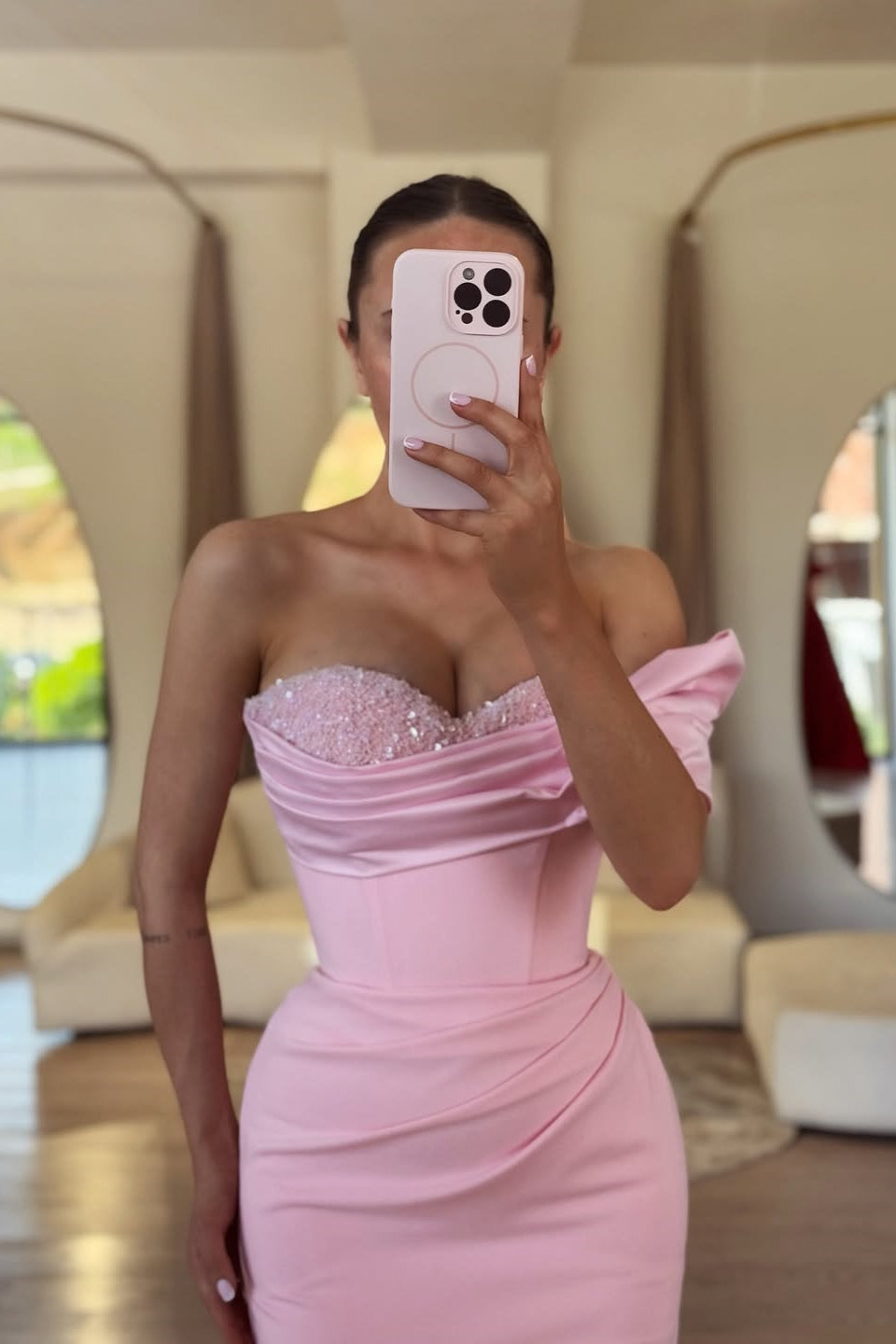 Timeless Pink One Shoulder Satin Mermaid Prom Dresses Sheath With Beads