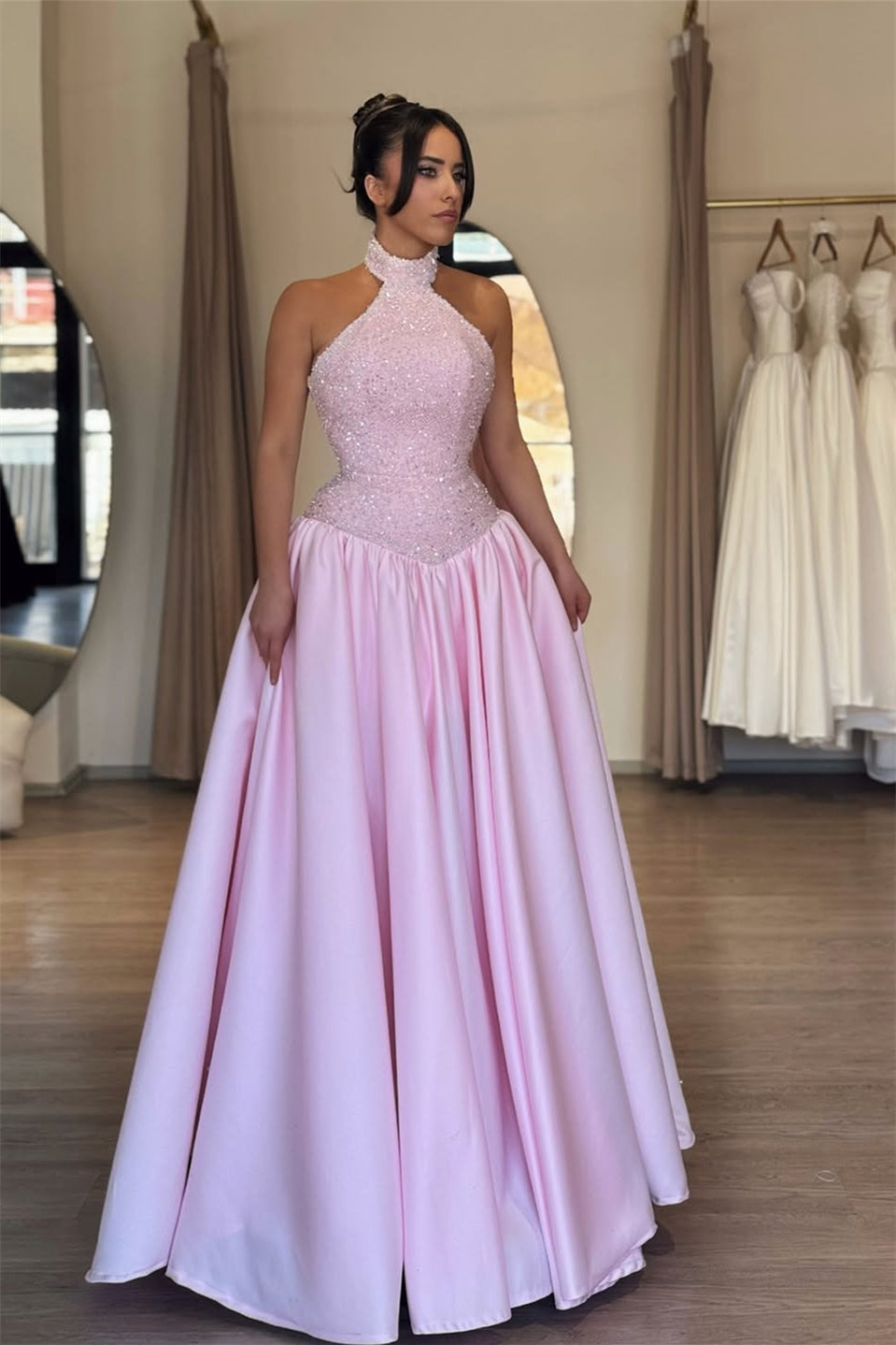 Romantic Pink Halter Sleeveless Satin Prom Dresses A-Line Sequins With Pleats