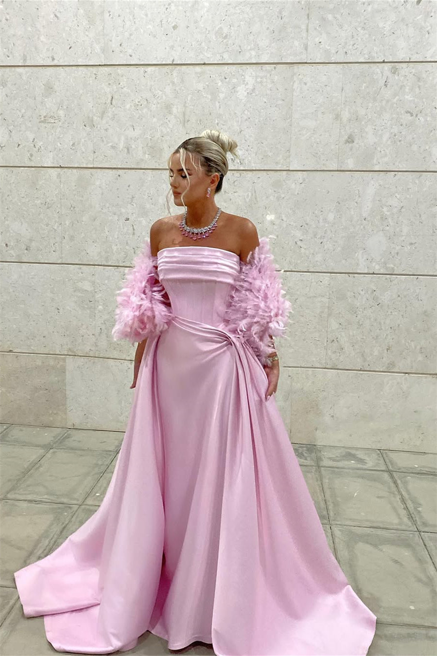 Timeless Pink Strapless Sleeveless Satin Prom Dresses Floor Length With Pleats Feather