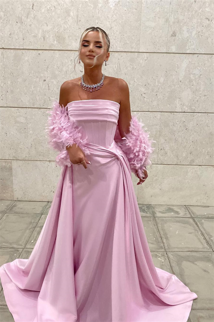 Timeless Pink Strapless Sleeveless Satin Prom Dresses Floor Length With Pleats Feather