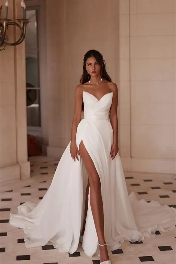 Timeless Sweetheart Strapless Sleeveless Satin Prom Dresses High Split With Zipper Pleats