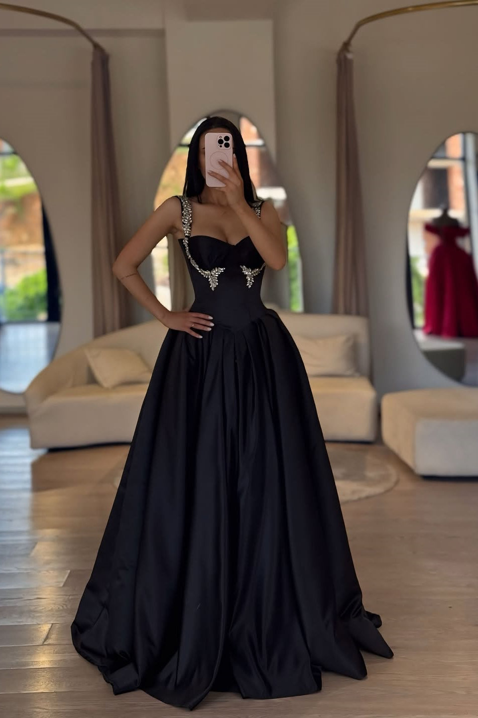 Luxurious Black Sweetheart Straps Sleeveless Satin Prom Dresses A-Line Gem With Pleats