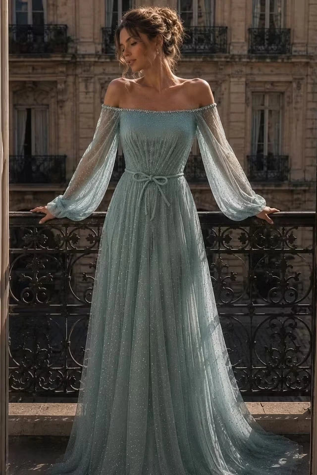 Graceful Dusty Blue Off The Shoulder Long Sleeves Prom Dresses A-Line Gem With Zipper Pleats