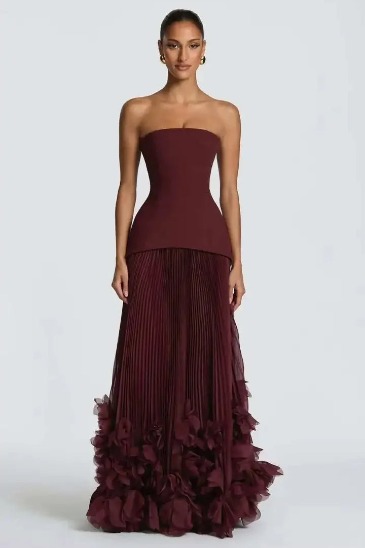 Romantic Cabernet Strapless Sleeveless Floor Length Prom Dresses Zipper With Pleats