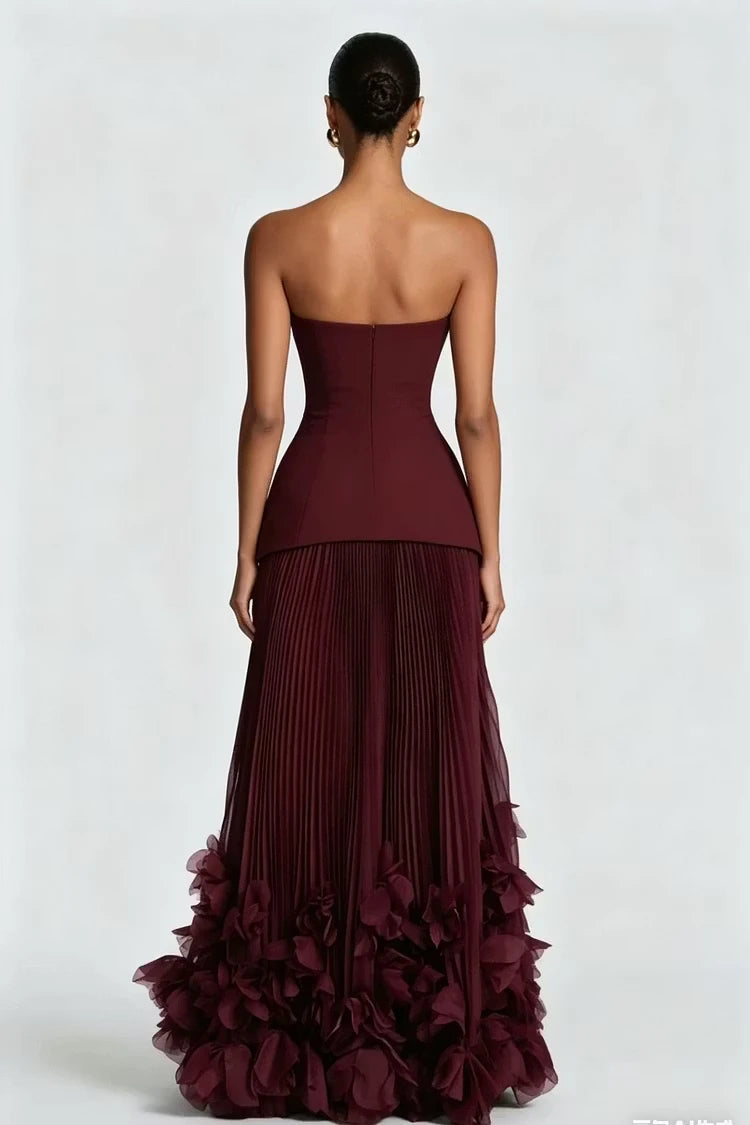 Romantic Cabernet Strapless Sleeveless Floor Length Prom Dresses Zipper With Pleats