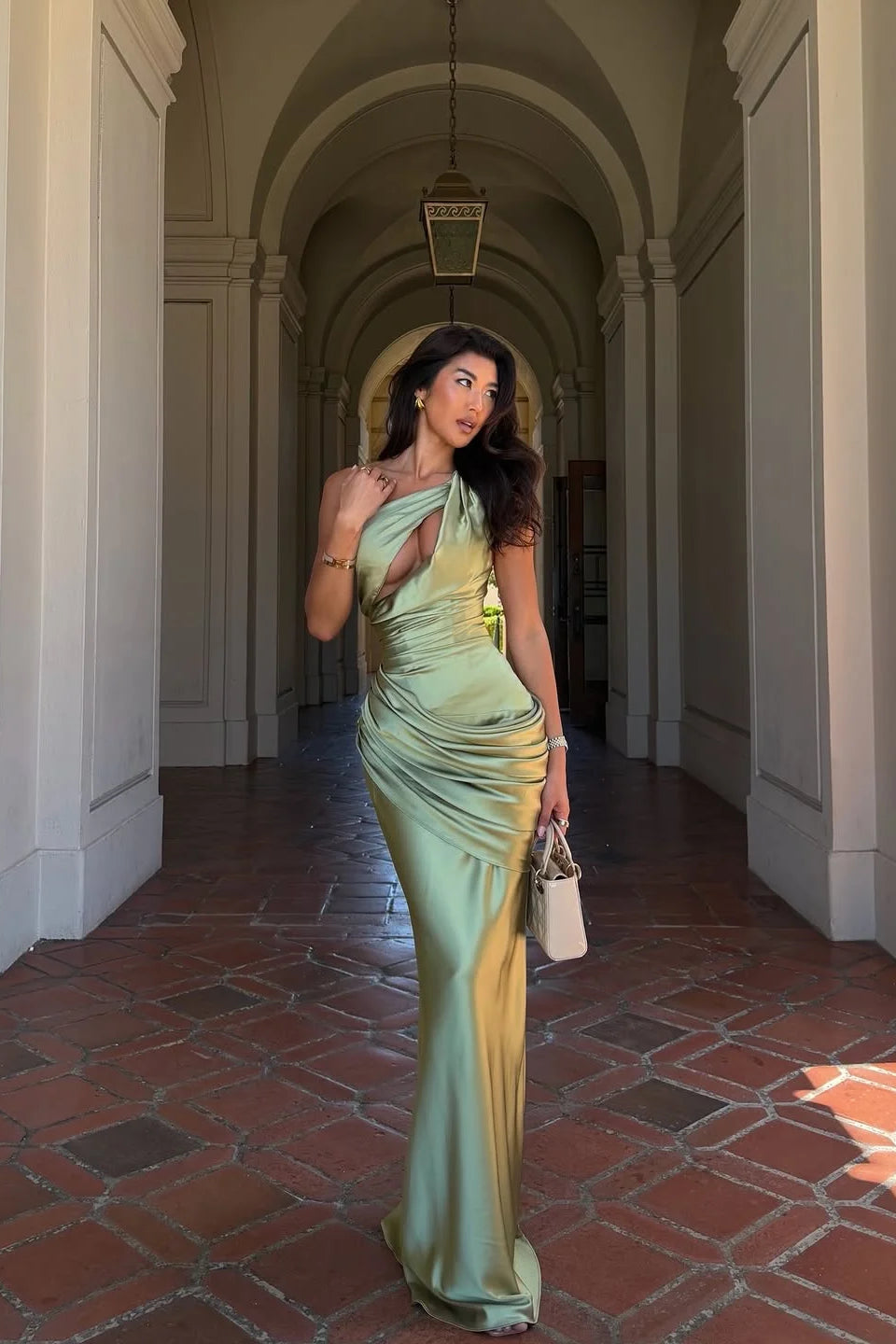 Graceful Sage One Shoulder Sleeveless Satin Mermaid Prom Dresses Column With Lace-Up Back