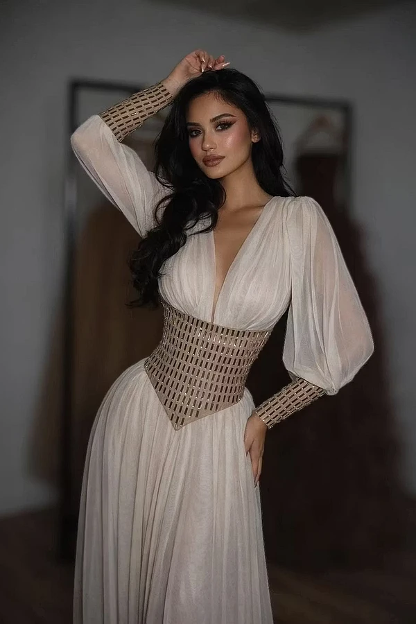 Glamorous V-Neck Long Sleeves Chiffon Prom Dresses Floor Length Gem With Pleats