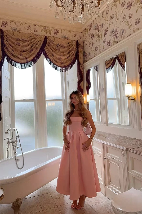 Graceful Dusty Rose Strapless Sleeveless Satin A-Line With Zipper Pleats