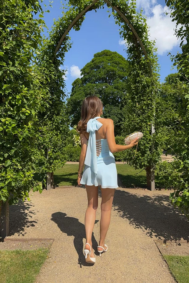 Romantic Sky Blue Halter Sleeveless Satin Homecoming Dresses Mini Zipper With Lace-Up Back