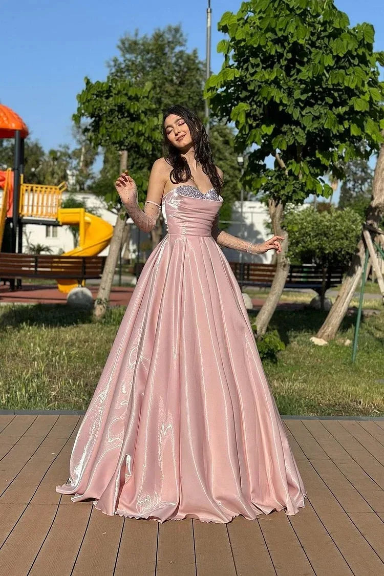 Graceful Dusty Pink Sweetheart Strapless Sleeveless Satin Prom Dresses A-Line With Lace-Up Back