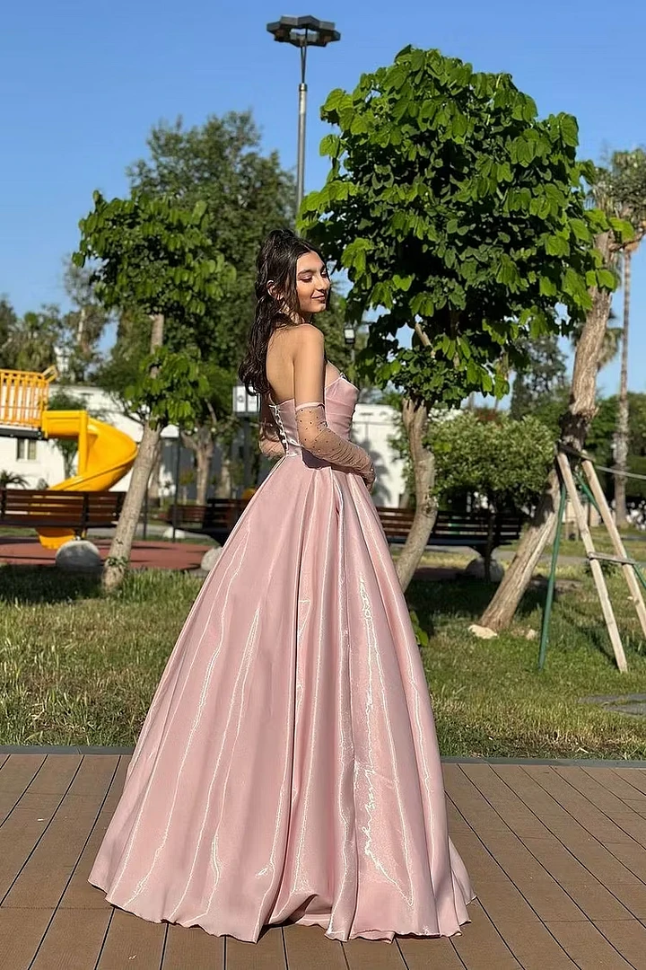 Graceful Dusty Pink Sweetheart Strapless Sleeveless Satin Prom Dresses A-Line With Lace-Up Back