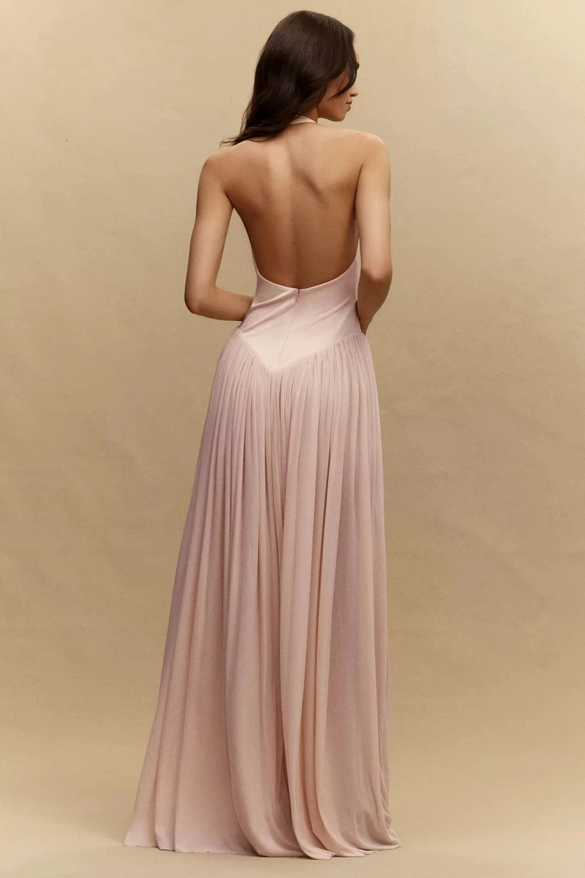 Graceful Pink V-Neck Halter Sleeveless Prom Dresses Backless Floor Length With Zipper