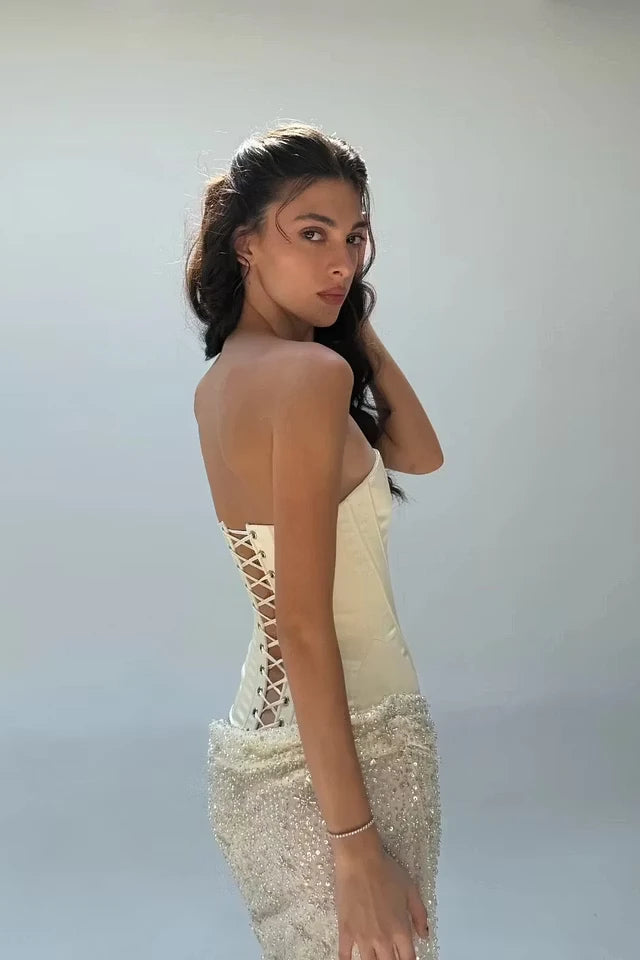 Graceful Daffodil Strapless Sleeveless Mermaid Prom Dresses Column With Lace-Up Back