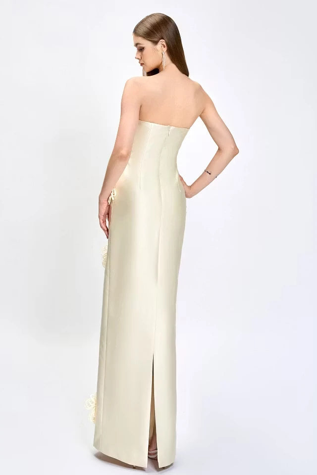 Glamorous Strapless Sleeveless Satin Prom Dresses Sheath With Zipper Flower