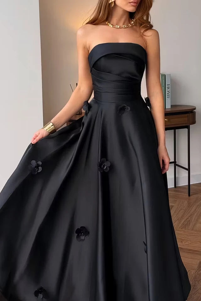 Luxurious Black Strapless Sleeveless Satin Prom Dresses A-Line Ankle Length With Pleats