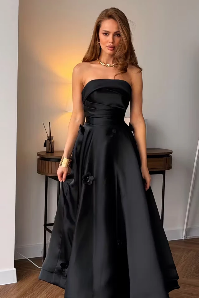 Luxurious Black Strapless Sleeveless Satin Prom Dresses A-Line Ankle Length With Pleats