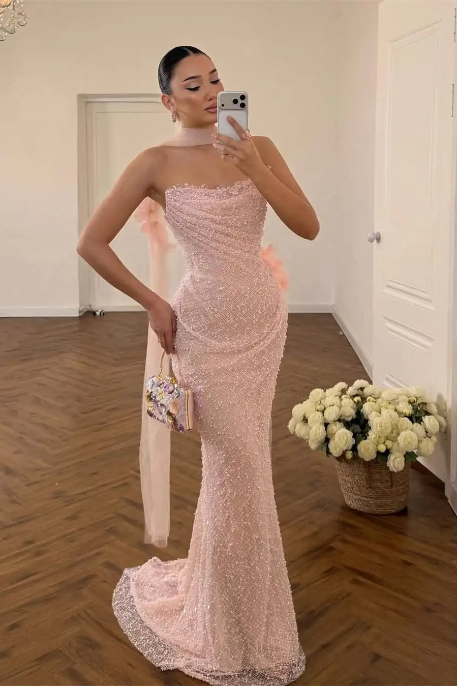 Timeless Pink Strapless Sleeveless Mermaid Prom Dresses Sheath With Beads Pleats