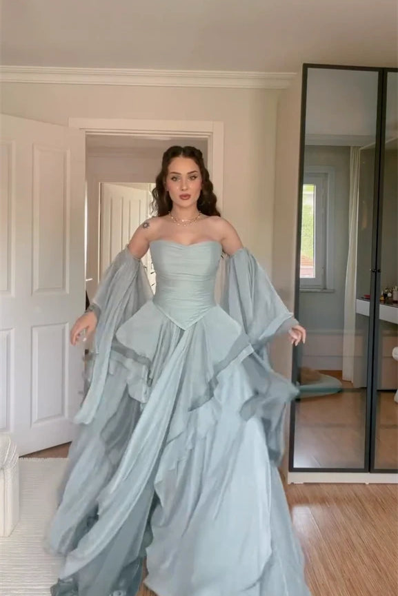 Graceful Dusty Blue Sweetheart Strapless Chiffon Prom Dresses A-Line With Lace-Up Back
