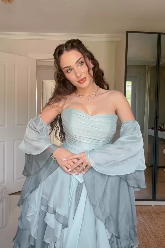 Graceful Dusty Blue Sweetheart Strapless Chiffon Prom Dresses A-Line With Lace-Up Back