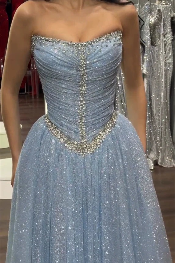 Dazzling Blue Strapless Sleeveless Prom Dresses A-Line Gem With Pleats