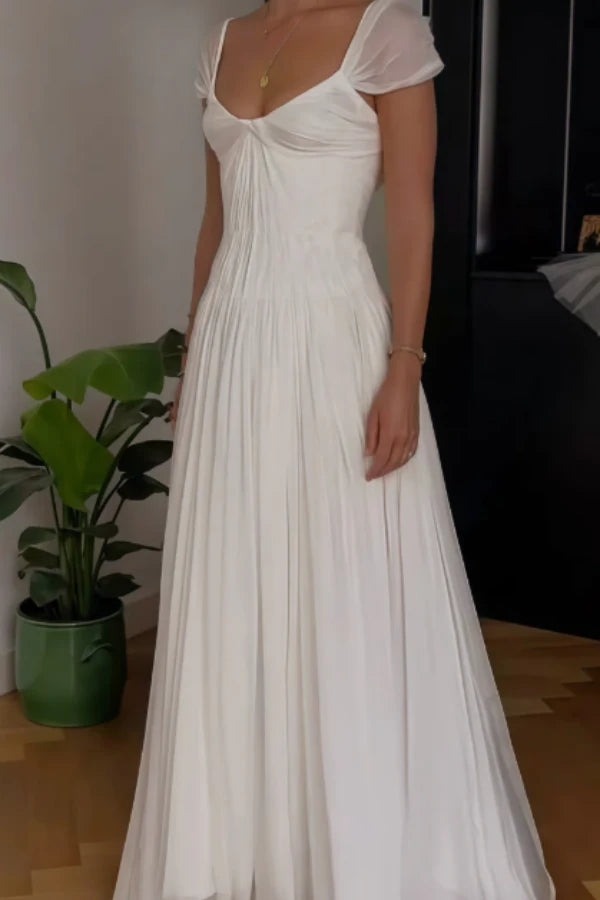 Luxurious White Short Sleeves Chiffon Prom Dresses Backless With Lace-Up Back