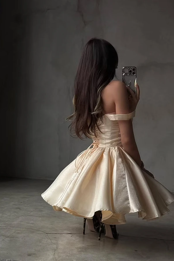 Timeless Sweetheart Off The Shoulder Satin Homecoming Dresses Mini With Lace-Up Back