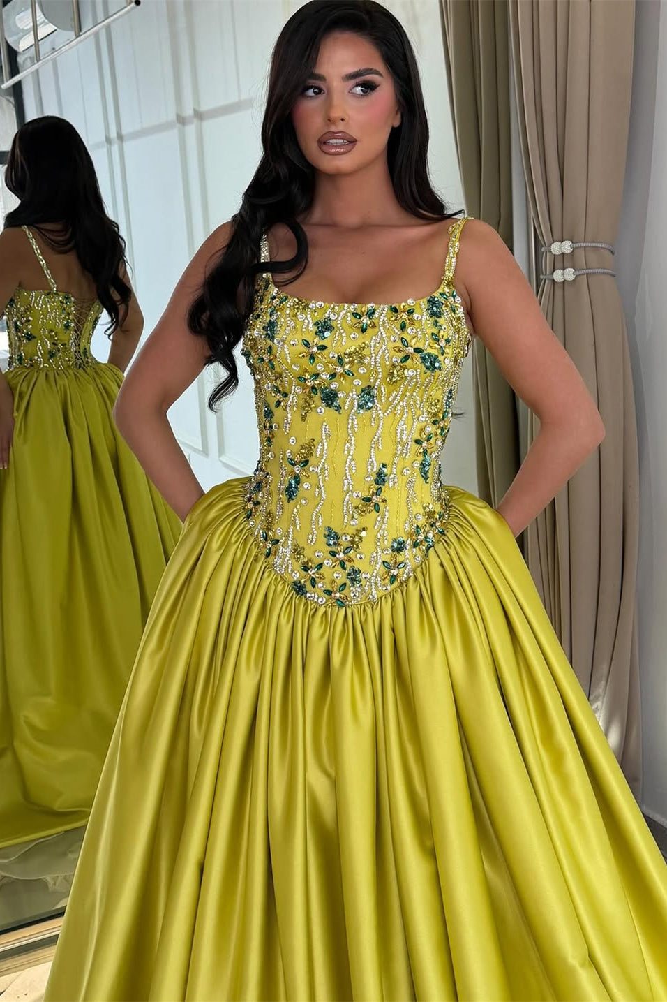 Graceful Spaghetti-Straps Sleeveless Satin Prom Dresses A-Line Gem With Lace-Up Back
