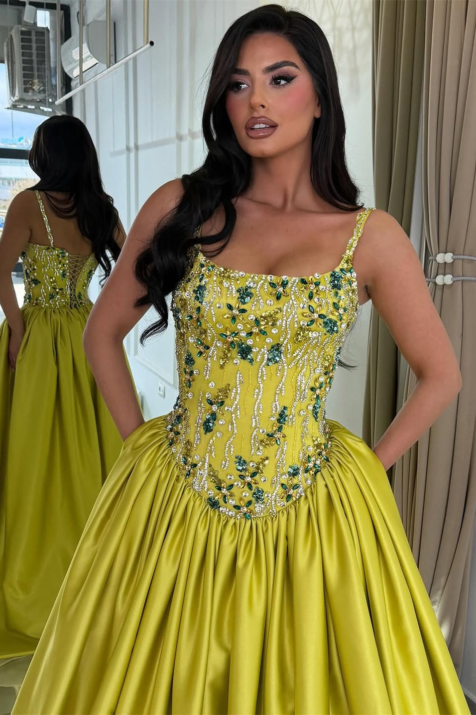 Graceful Spaghetti-Straps Sleeveless Satin Prom Dresses A-Line Gem With Lace-Up Back