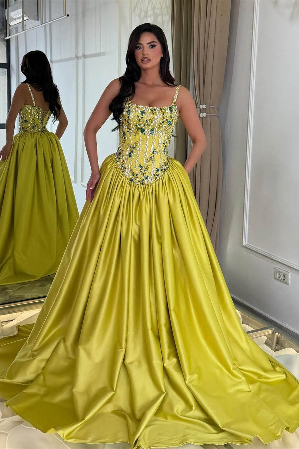 Graceful Spaghetti-Straps Sleeveless Satin Prom Dresses A-Line Gem With Lace-Up Back