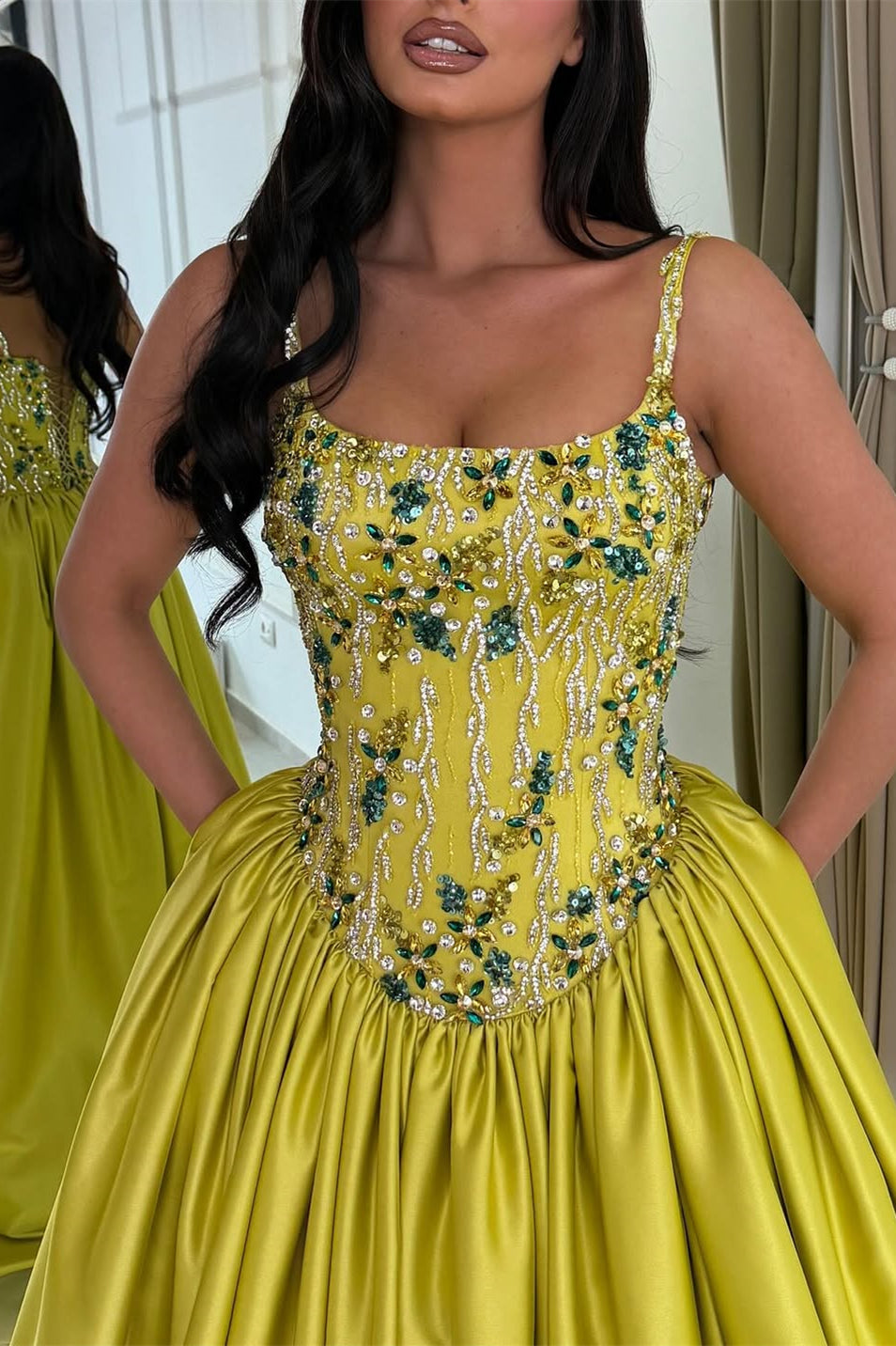 Graceful Spaghetti-Straps Sleeveless Satin Prom Dresses A-Line Gem With Lace-Up Back