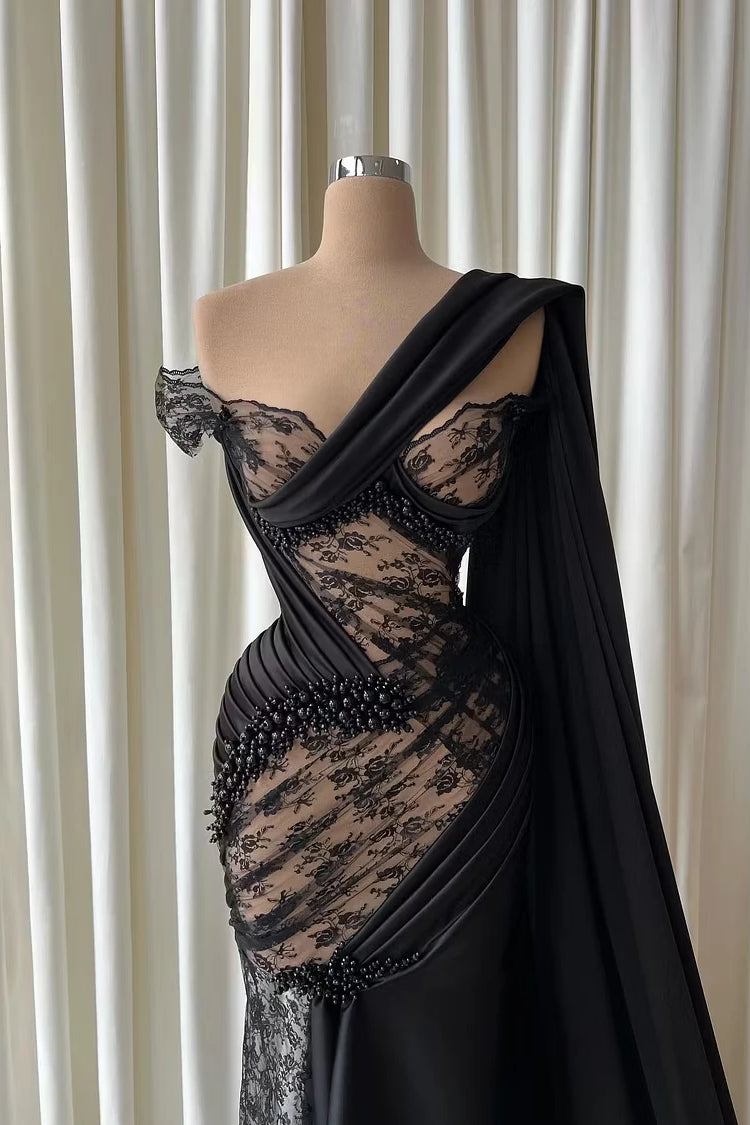 Romantic Black One Shoulder Lace Mermaid Prom Dresses Floor Length With Beads