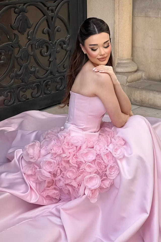 Glamorous Pink Strapless Sleeveless Satin Prom Dresses A-Line With Pleats Flower